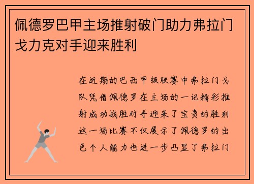佩德罗巴甲主场推射破门助力弗拉门戈力克对手迎来胜利 佩德罗巴甲主场推射破门助力弗拉门戈力克对手迎来胜利
