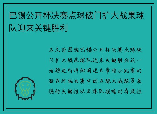 巴锡公开杯决赛点球破门扩大战果球队迎来关键胜利